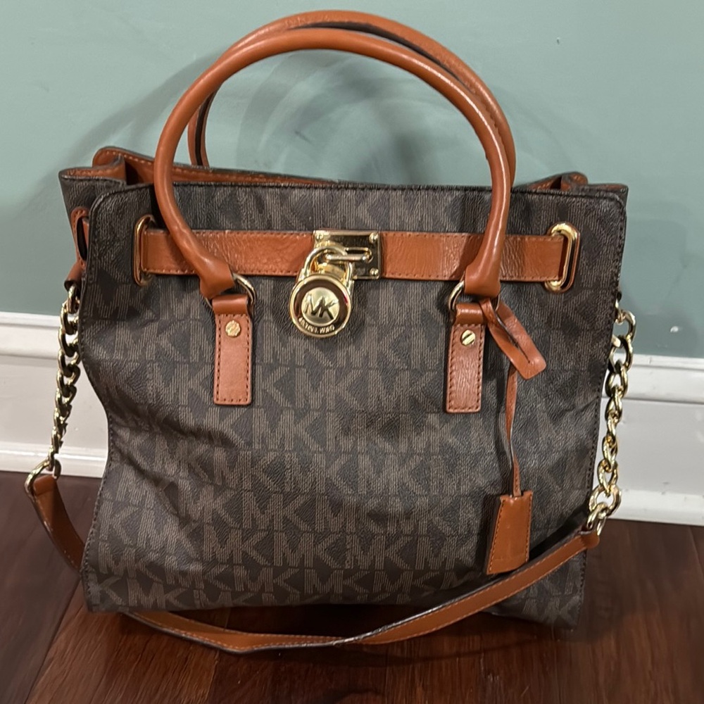 Michael Kors Collection Brown and Tan Monogram Tote with Gold Hardware